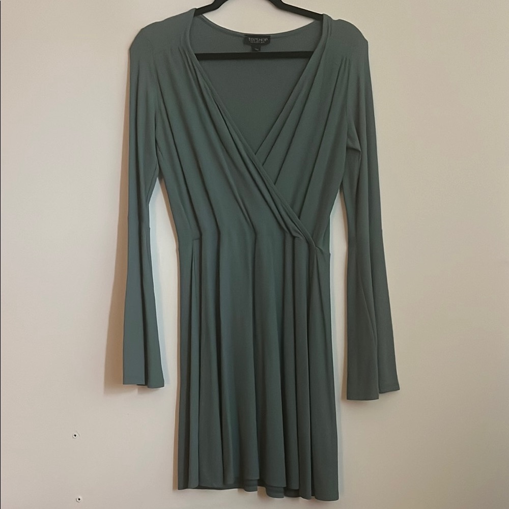 Topshop Green Long Sleeve V-Neck Dress